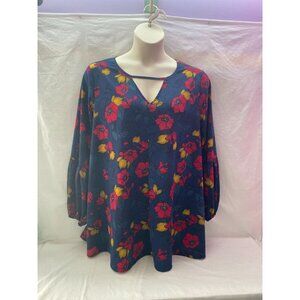 Du Jour 1X Blue Floral Key-Neckline w/Balloon 3/4in Sleeves Tunic